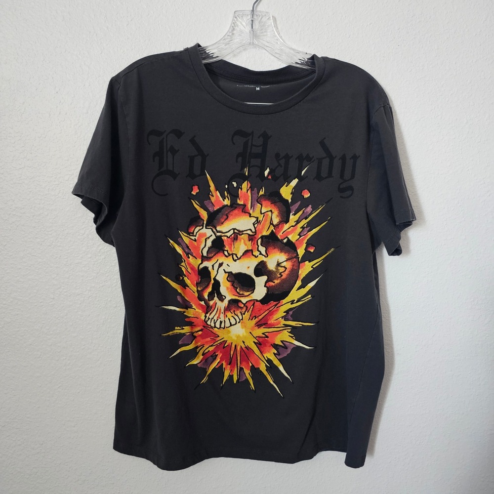 Ed Hardy Mens Exploding Skull Graphic Tee Charcoal Gray Y2K Streetwear Size M